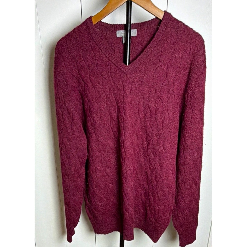 Men's Burgundy 100% Alpaca Wool Cable Knit  V-Neck Pullover Sweater L
